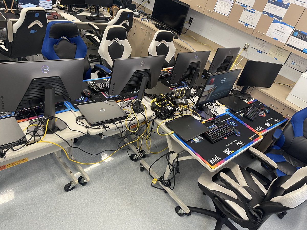 Armwood_CompSci's tweet photo. Thank you again to @intel and our local Brandon @BestBuy along with @JoinGenEsports and @Dell for the equipment. Now time to upgrade the furniture. Cable management is much needed.  😂. @HillsboroughSch @ArmwoodCTE @Armwood_HS @ArmwoodAcademy @HCPSCTAE https://t.co/Zw49gWjONh