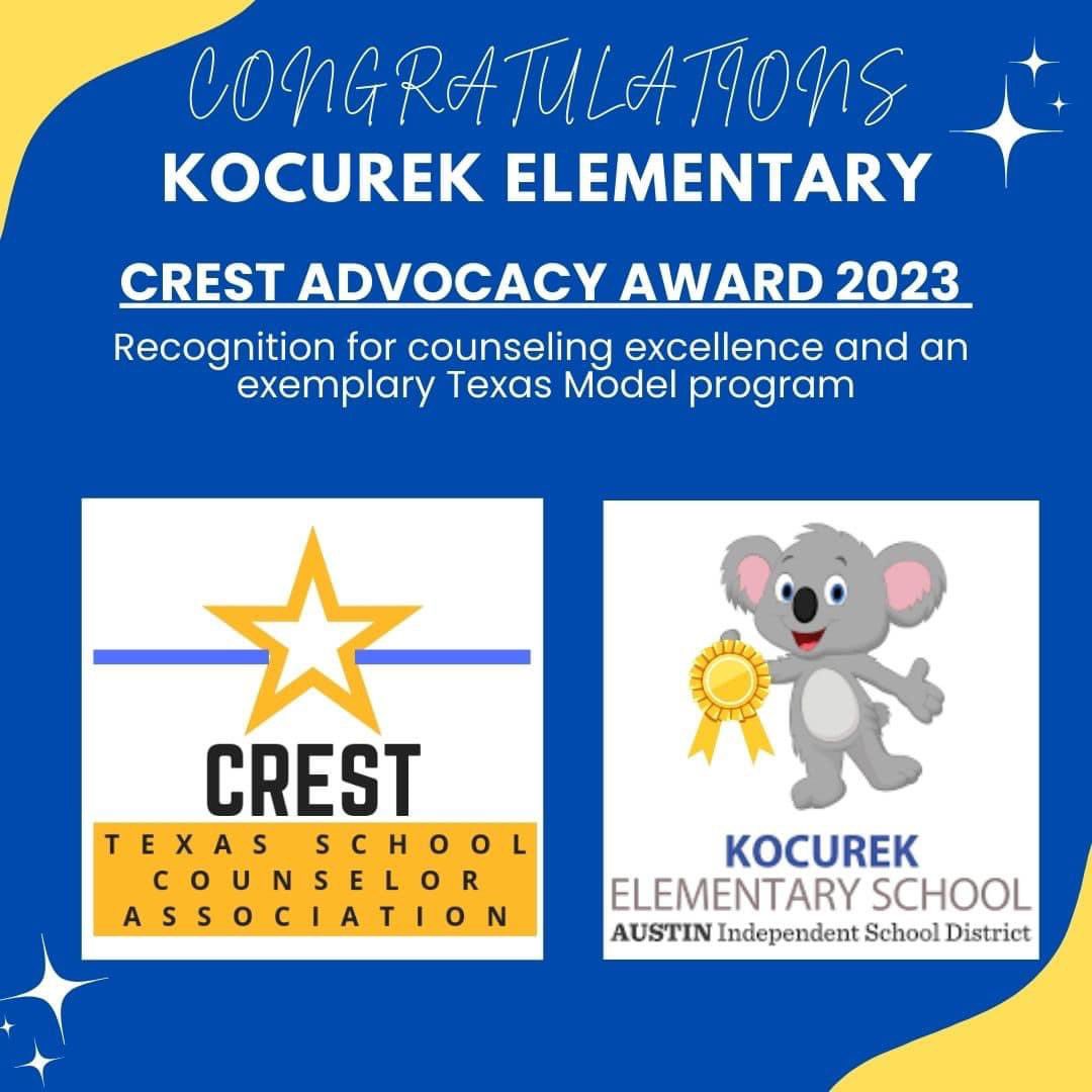 Kocurek is so proud to win the CREST Advocacy award again this year. Such a huge STATE honor. Ms Vera is so missed but her incredible work continues to shine at Kocurek!!