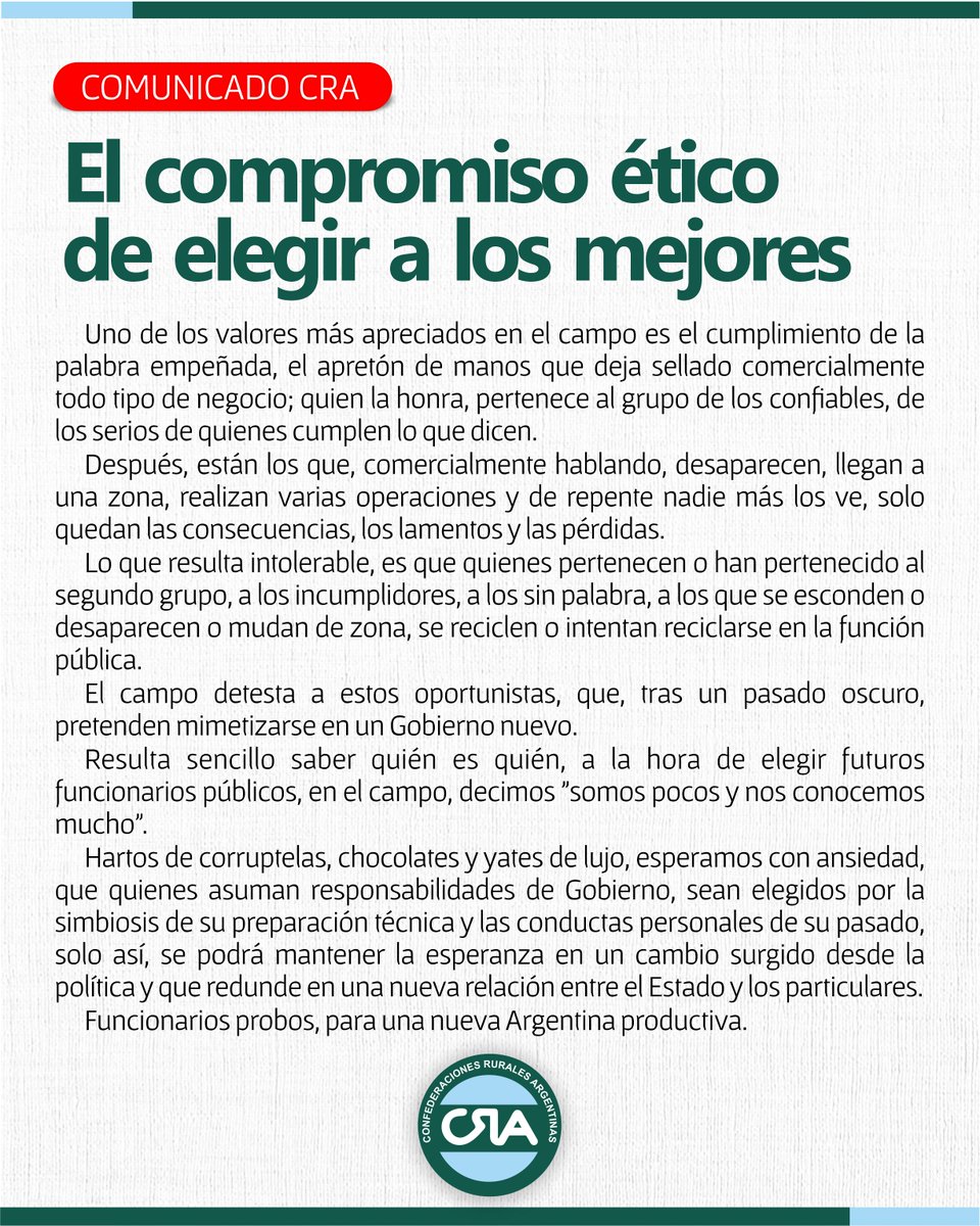 🔴 COMUNICADO CRA 
El compromiso ético de elegir a los mejores.
Resulta sencillo saber quién es quién, a la hora de elegir futuros funcionarios públicos, en el campo, decimos "somos pocos y nos conocemos mucho".
