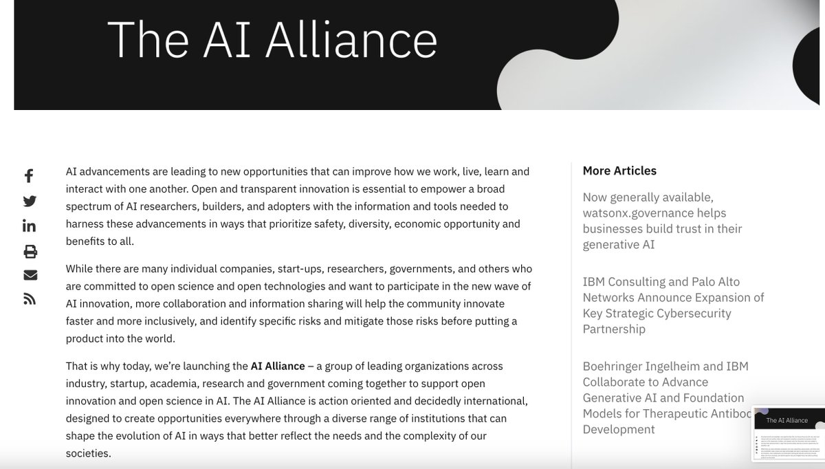 Super happy to support the AI alliance. We need more openness, transparency &amp; collaboration in AI! newsroom.ibm.com/AI-Alliance-La…