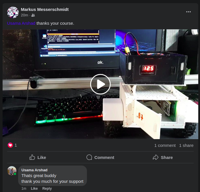 robofuntastic's tweet photo. "Thrilled to see my student's incredible achievement! 🤖🌟 After completing my Udemy course on MicroROS, they've crafted this amazing robot that's now making waves on Facebook. So proud to be part of their robotics journey! 🚀🔧 #MicroROS #RoboticsGenius #ProudInstructor" https://t.co/Tavq5GKa78
