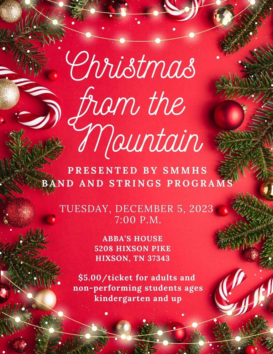 #ChristmasConcert🎄🎶❤️
Starts at 7pm with Strings, followed by each of our MS &amp; HS Bands. Great night of music!! ❤️💚 #SMMHSsoars
<a href="/SmmhsBands/">SMMHS Bands</a> <a href="/SM_Percussion/">SMMHS Percussion</a>