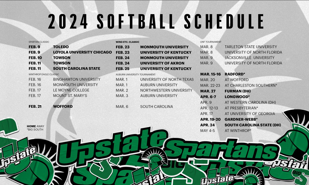 Head coach Chris Hawkins and the Upstate softball staff announces the full 2024 schedule including 24 home games at Cyrill Softball Stadium, including two home tournaments, and seven games against Power Five competitors.

🔗 | brnw.ch/21wF2Cc

#SpartanArmy ⚔️