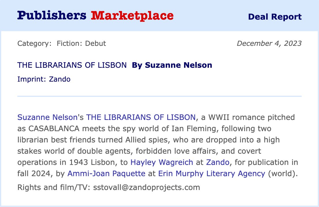 So excited to share this #booknews about my upcoming adult debut, #TheLibrariansofLisbon…a perfect blend of #romance, #worldwar2 history, and #librarians. It will be published by <a href="/zandoprojects/">Zando</a> in Fall ‘24! Stay tuned for more info in coming months! @emliterary <a href="/joanpaq/">Ammi-Joan Paquette</a>