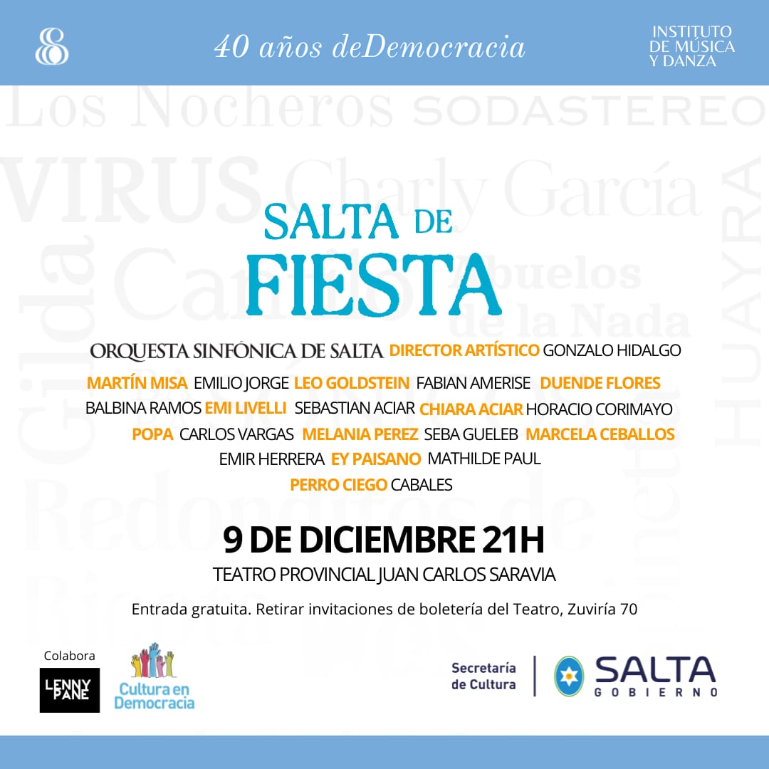 Invitamos a la celebración de los 40 años de democracia con un concierto que recorrerá las canciones que hicieron historia durante estos años.  Las entradas se encuentran disponibles en la boleteria del Teatro. Son limitadas, hasta completar aforo. Los esperamos!!!