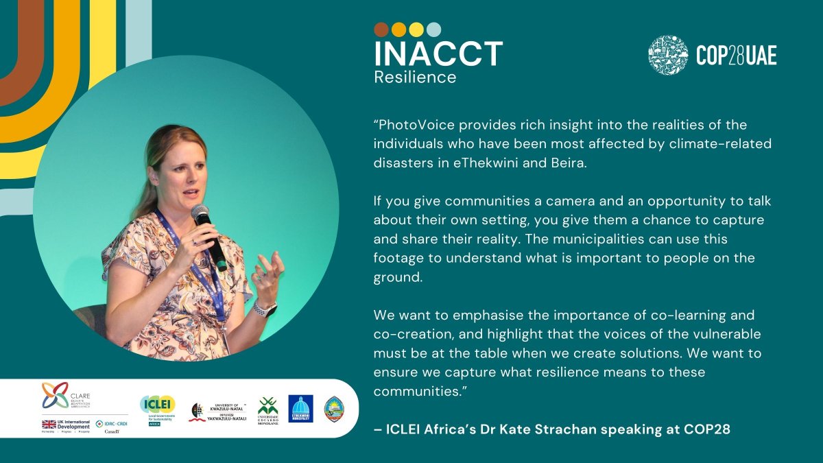 ICLEI Africa is a proud #KnowledgeBroker for #INACCTResilience | #COP28

We translate co-created knowledge from communities into actional change to influence & impact #UrbanPolicy 🏙️

One way we are doing this is through #PhotoVoice – a way to share narratives for #Change 📷✨