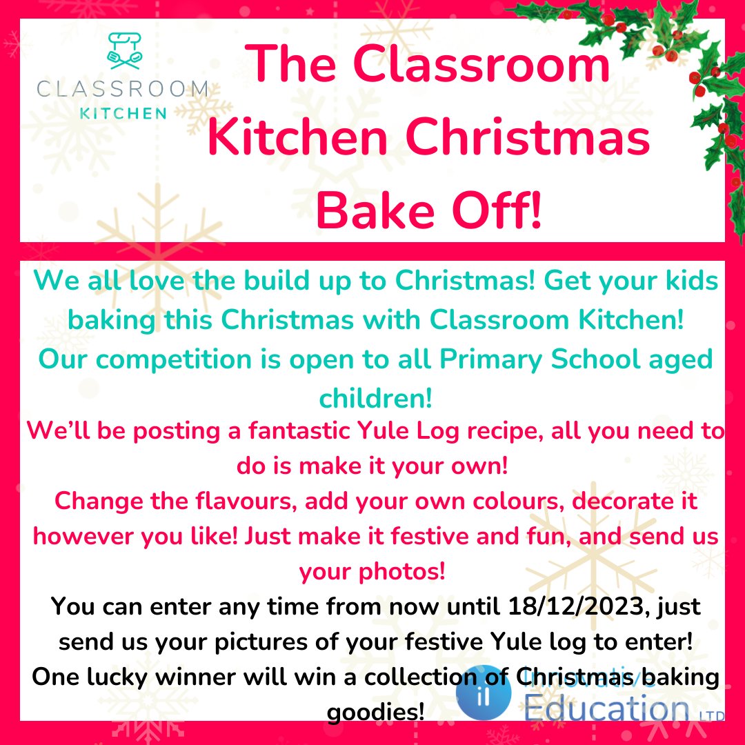 ClassroomK's tweet photo. It's December!
And we're having another bake off!
This bake off is open to all Primary School Children aged 4-11, and must be mainly made by the child.
Follow us on Facebook for more details!
#classroomkitchen #christmasbaking #kidsbakeoff #christmasbakeoff #educooking https://t.co/B2V2IjAetQ