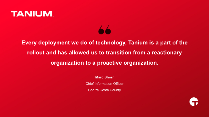 Tanium's tweet photo. When you are the backbone of technology for an entire county, downtime is not acceptable.

Tanium provides @CCCounty with a centralized platform for its core IT infrastructure to protect its digital assets: https://t.co/qzbnU7PhT4 #TestimonialTuesday #ThePowerofCertainty https://t.co/TZ4UI6PmPb