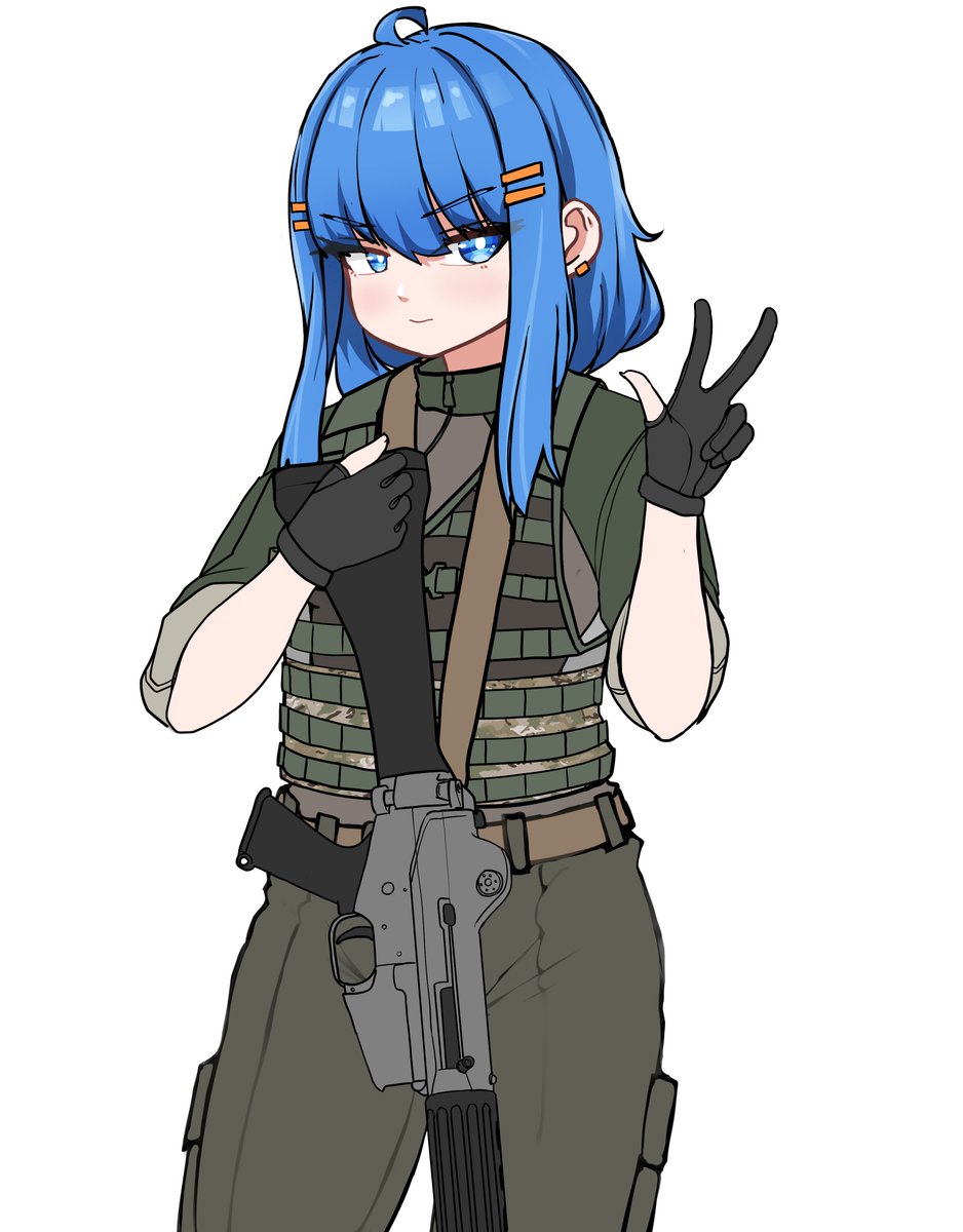 1girl weapon solo gun blue hair blue eyes gloves  illustration images