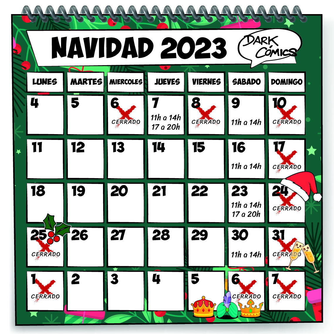 ¡Ya tenemos el calendario y los horarios definitivos para estas navidades!

También nos podréis preguntar y reservar a través del teléfono, WhatsApp, web... para que nadie se quede sin sus regalos, ni quien se los regale.

Nos vemos, nos leemos... os esperamos en el lado oscuro.