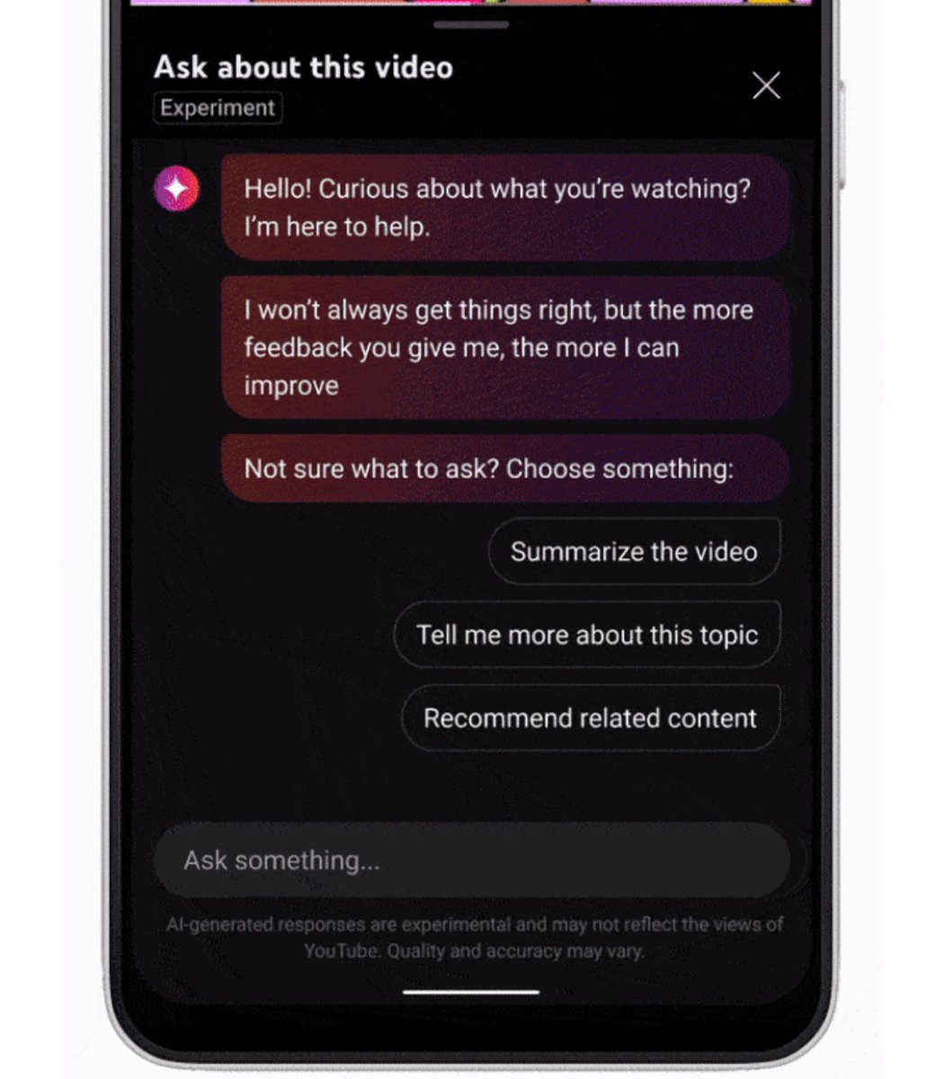 THIS IS COOL AF YouTube is adding AI for Premium users It will: • Summarize the video for you • Answer any questions you have • Suggest similar videos, and more! you can literally talk to AI about the video you’re watching without pausing 🤯