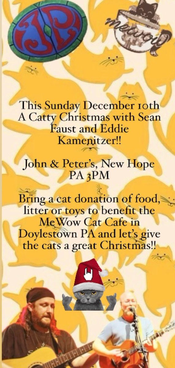Let’s help Sean And the good folks at John and Peters give the cats of the MeWow Cat Cafe in Doylestown a great Christmas!  

This Sunday at 3pm at the legendary John &amp; Peters in New Hope PA!

Listen to Sean tell us about the event and check it out

open.spotify.com/episode/0QGb5l…