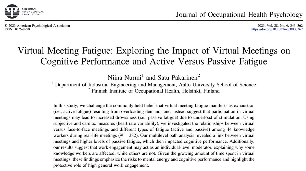 Zoom fatigue is not burnout. It’s boreout. New study: when meetings are virtual, we’re not overwhelmed—we’re understimulated. Cardiac measures show drowsiness, not stress. The antidotes are common sense but not common practice: fewer, shorter, more interactive online meetings.