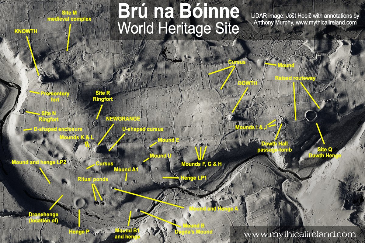 I have created this annotated top-down LiDAR image of the Bend of the Boyne (based on an image shared by Jošt Hobič on his Twitter feed) to demonstrate just how many monuments there are in the World Heritage Site at Brú na Bóinne.
mythicalireland.com/blogs/news/the…