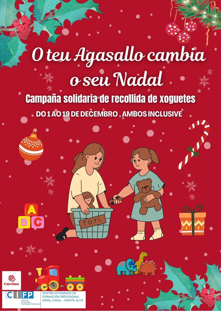 Integración Social está a realizar unha campaña recollida xoguetes entre o día 1 e o 20 de decembro. Condicións na infografía. Agradecemos colaboración. Podedes depositalos na caixa que estará situada na entrada
#FPGalicia#FormacionProfesional
#educacion#cifpanxelcasalmontealto