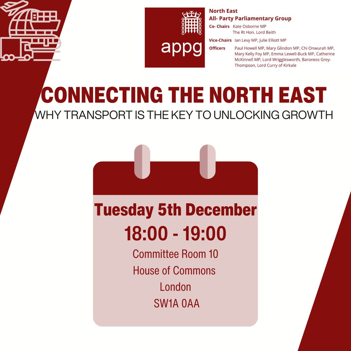 Tonight, we're gathering in Parliament to talk about investing in better, faster, greener transport. It's time to get the North East connected.🛣️ 

We look forward to seeing you later!

<a href="/SharonHodgsonMP/">Sharon Hodgson</a> <a href="/SilviyaB/">Silviya Barrett</a> <a href="/Patrick4Dales/">Patrick McLoughlin</a>