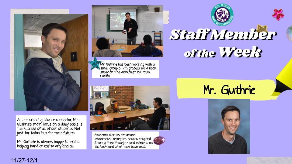 Mr. Guthrie is our Staff Member of the Week! He serves as School Counselor and as Cross Country, Track, and RIOT (Running Is Our Therapy) coach! He helps us build our social emotional and physical wellness skills every day. #LearnThriveSoar #LearnThriveROAR