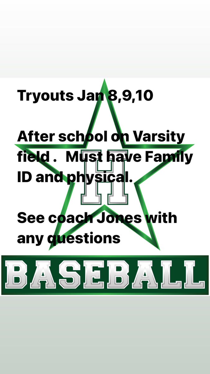 Baseball Tryouts for Hoover high school are January 8, 9, and 10 On the varsity field following school. All prospective players must have family ID in sports physical completed. See Coach Jones for further details and with any questions.