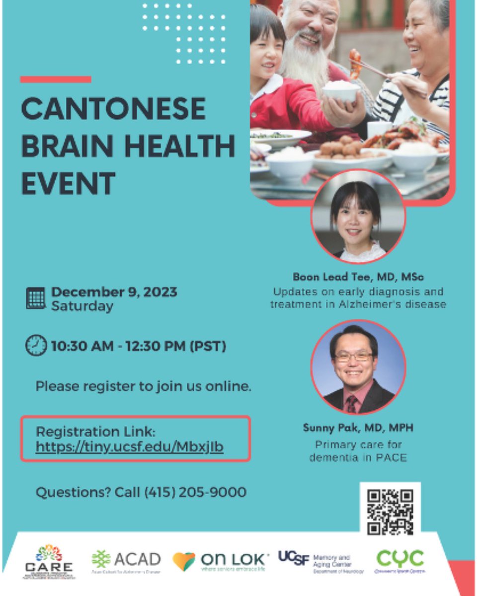 Asian Cohort for Alzheimer’s Disease - ACAD (@acadstudy) on Twitter photo We are hosting a Cantonese Brain Health event this Saturday with speakers Boon Lead Tee, MD, MS and Sunny Pak, MD, MPH
Join us here bit.ly/3GtYxNa We are hosting a Cantonese Brain Health event this Saturday with speakers Boon Lead Tee, MD, MS and Sunny Pak, MD, MPH
Join us here bit.ly/3GtYxNa