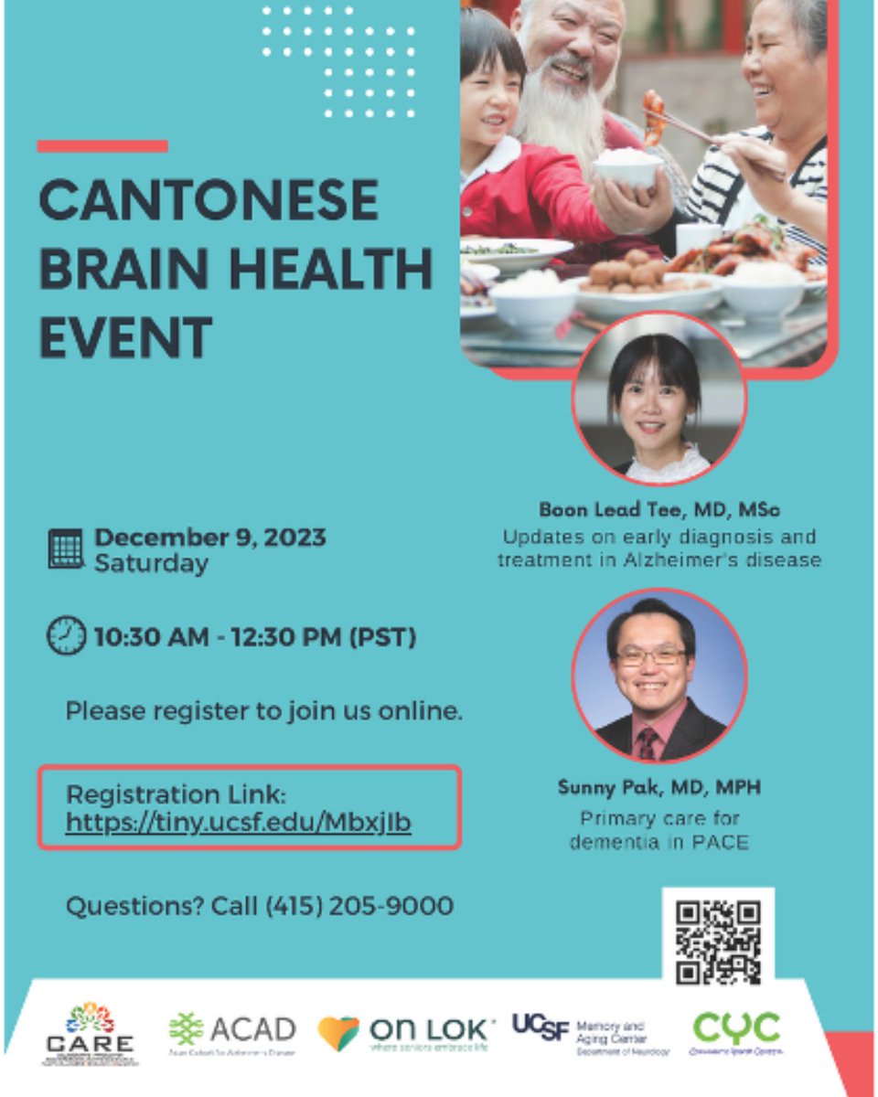 We are hosting a Cantonese Brain Health event this Saturday with speakers Boon Lead Tee, MD, MS and Sunny Pak, MD, MPH Join us here bit.ly/3GtYxNa