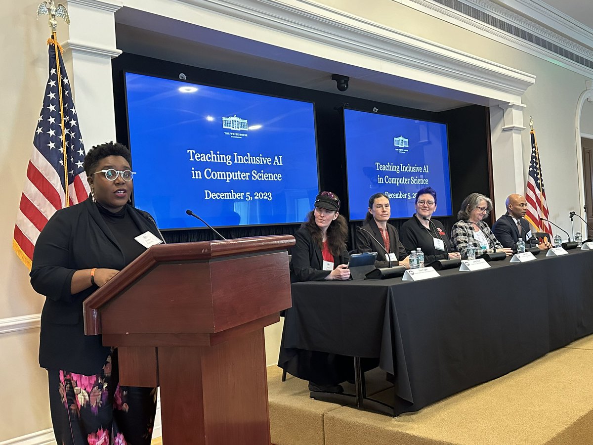 The highlight of the day at the #CSEdWeek @WhiteHouse event: a panel around teaching inclusive AI in CS, featuring some phenomenal K-12 CS teachers: @kchatbio, @MrsYorkME, @NoraBurkhauser, @murphyelaw, and Jenny Styer @csteachersorg