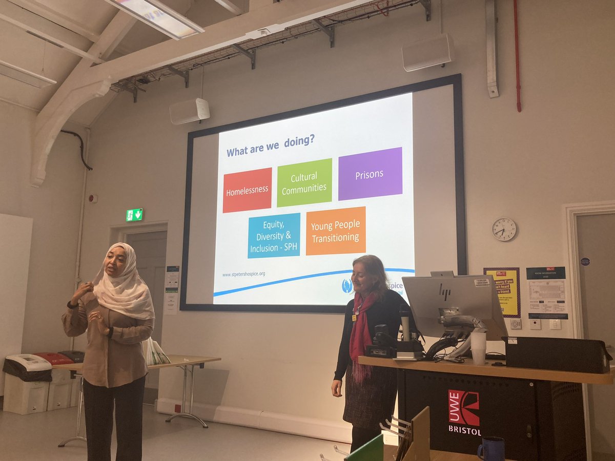 Really good to speak this morning at <a href="/UWEBristol/">UWE Bristol</a> Cancer &amp; EOL care conference. My colleague Muna &amp; I were really grateful for the opportunity to share what we are doing and why, thank you @Kathythegood <a href="/JulieArmoogum/">Dr Julie Armoogum</a>. @stpetershospice #hospicecare