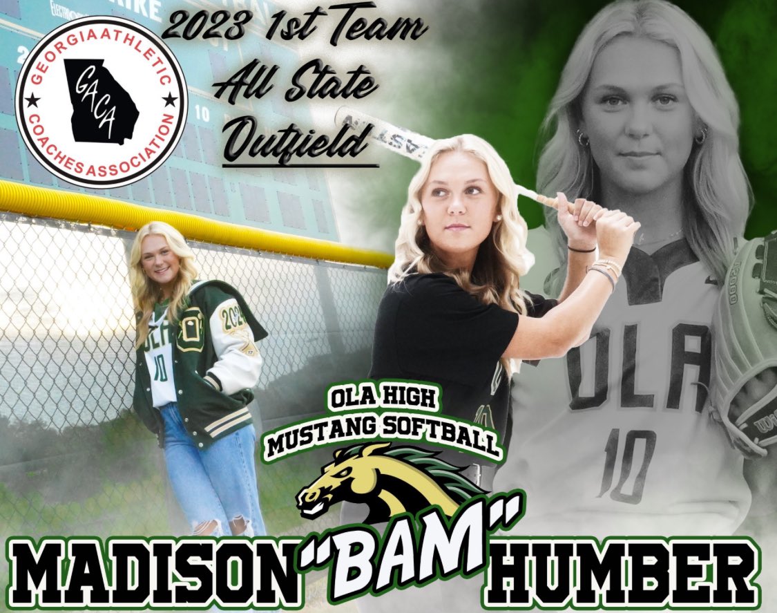 Congrats to Ola Mustang Senior softball player Madison ‘Bam’ Humber on being selected as the Georgia Athletic Coaches Association (GACA) 1st Team All-State-Outfield for all of class 5A. Great job Bam!

#legacy

#alwaysamustang