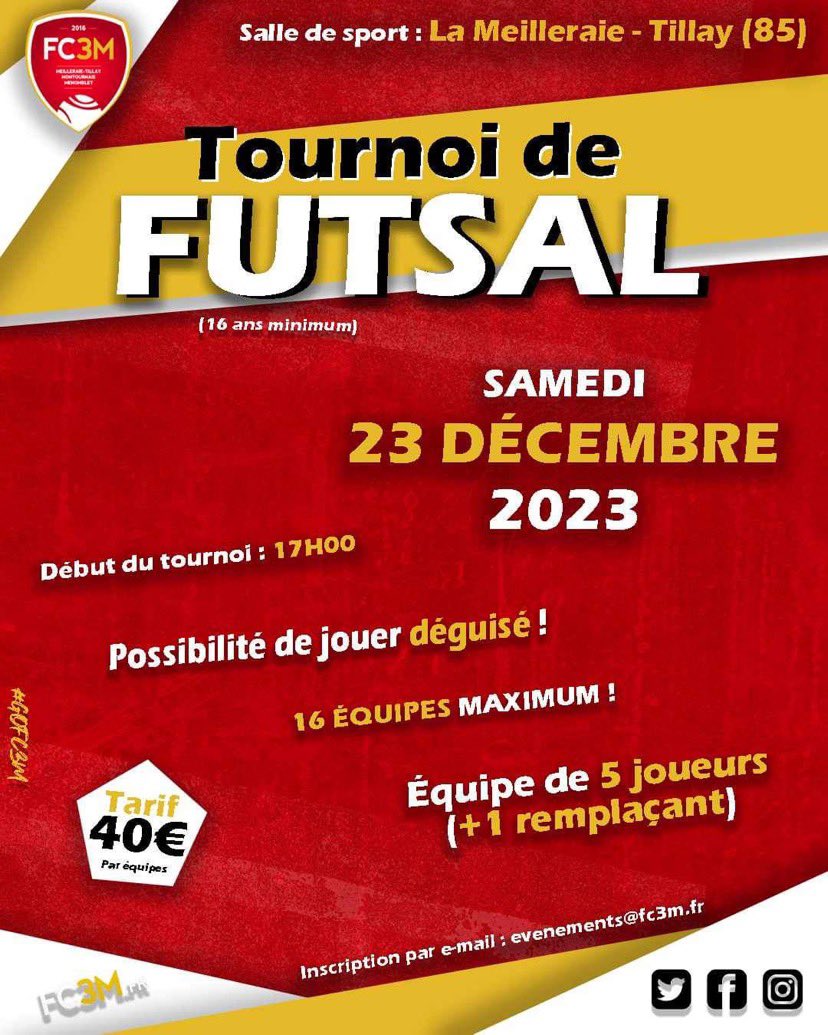 FC3M_football's tweet photo. 📅 Un tournoi de futsal pendant les fêtes, ça vous tente ? Rendez-vous le samedi 23 décembre (17h) pour le tournoi du FC3M !

👉 Inscrivez-vous dès maintenant par e-mail : https://t.co/HHnqBHv7ld

🔗 Plus d'infos : https://t.co/yH4xPwBCsB https://t.co/dCbCricyEB