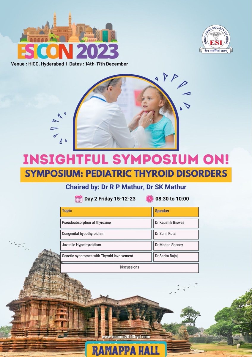 Kaushik42449631's tweet image. Join us . . . 
1. Pseudomalabsorption of Levothyroxine 
2.Remogliflozoin : The Indian SGLT2i 
3. Parson-centered choice of Exercise 

#ESICON #SAFESCON #2023
@SAFES_endocrine @IndiaESI @monty_doc