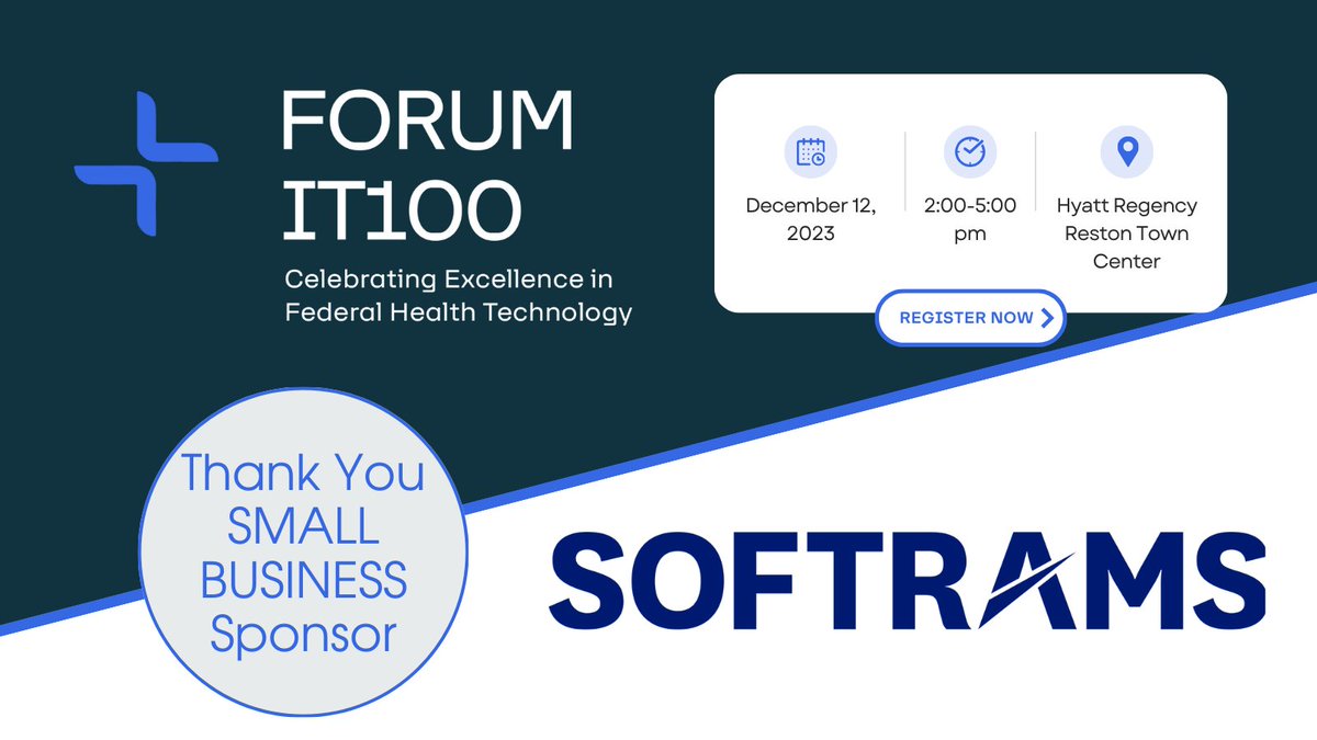 🎉WELCOME: @softrams is a sponsor for our 8️⃣Annual #FORUMIT100 (formerly FedHealthIT100) Awards! Softrams is proud to sponsor the #FORUMIT100 & the award winners making a difference & driving innovation in the Fed Health IT community. Join us on 12/12: bit.ly/484BN2U