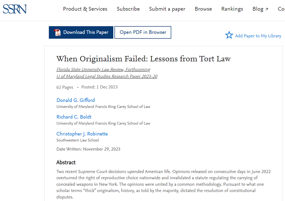 Congratulations to Profs Donald Gifford and Richard Boldt at @umdlaw and Christopher Robinette at <a href="/SouthwesternLaw/">Southwestern Law</a> on the publication of their article, "When Originalism Failed: Lessons from Tort Law," forthcoming in <a href="/fsulawreview/">FSU Law Review</a>! Available now via <a href="/SSRN/">SSRN</a>: ssrn.com/abstract=46486…