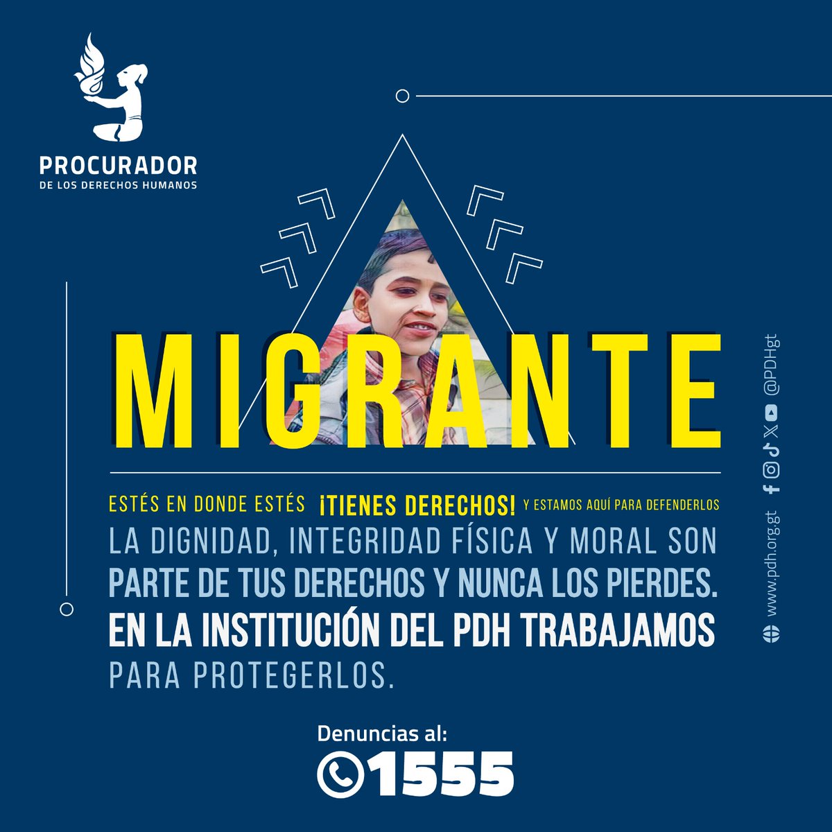 📣📣 MIGRANTE📣📣 🟡 Estés en donde estés ‼️TIENES DERECHOS‼️ y estamos aquí para❗️DEFENDERLOS ❗️ 🔵La dignidad, integridad física y moral son parte de tus #DerechosHumanos y nunca los pierdes. En la institución del @PDHgt trabajamos para protegerlos. 📲Denuncias al: 1⃣5⃣5⃣5⃣