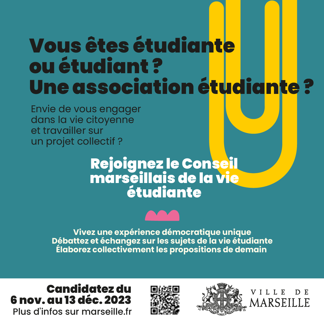 marseille's tweet photo. 🧑🎓Vous êtes étudiant ? Une association étudiante ? Vous avez envie de vous engager dans la vie citoyenne ? Rejoignez le Conseil marseillais de la vie étudiante et construisez collectivement les propositions de demain ! #CMVE
📥 Candidatez jusqu'au 13/12 : https://t.co/gmU6nIWN3R https://t.co/ZUxHwOdRSV