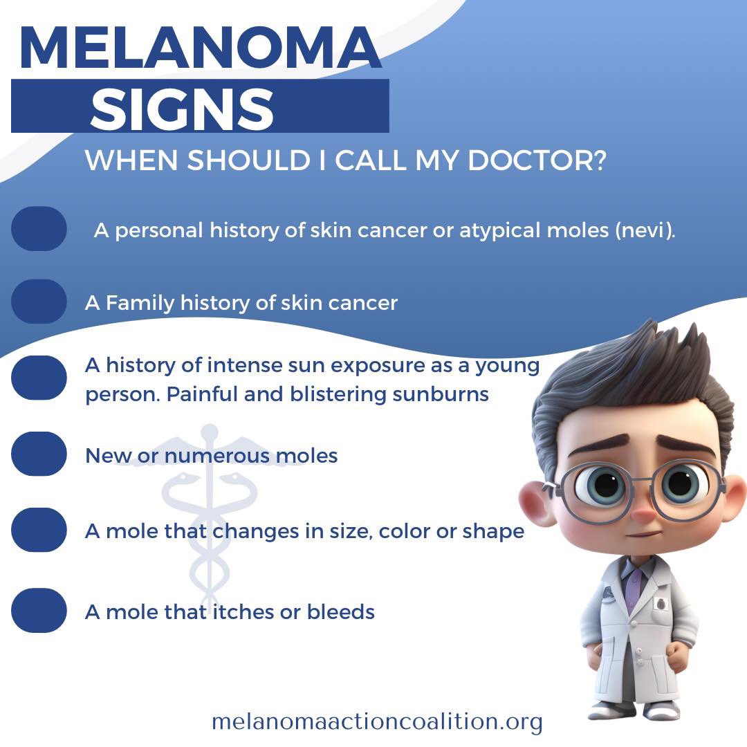 Know what to look for and where to look for it. Melanoma can be a master of disguise. It may look like an age spot, a bruise, a sore, a cyst, a scar or a dark line beneath your nail. There are times that it may itch, hurt or bleed. If you suspect something see a dermatologist!