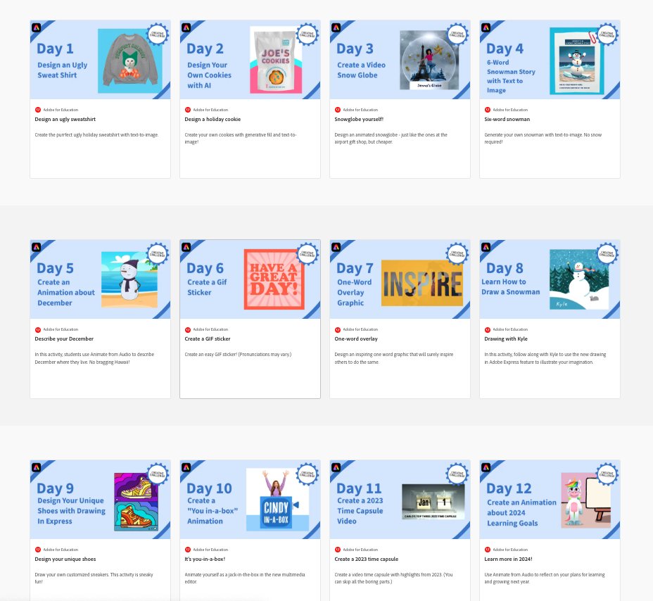 TCEA (@tcea) on Twitter photo Are you participating in the Adobe Creative Challenges with your students? You can go back and do the ones you may have missed.
⭐ 12 Days of Creativity Challenge with <a href="/AdobeExpress/">Adobe Express</a> + <a href="/AdobeForEdu/">Adobe For Education</a> ⭐
sbee.link/mpbauc37xg
#AdobeEduCreative #EduTwitter Are you participating in the Adobe Creative Challenges with your students? You can go back and do the ones you may have missed.
⭐ 12 Days of Creativity Challenge with <a href="/AdobeExpress/">Adobe Express</a> + <a href="/AdobeForEdu/">Adobe For Education</a> ⭐
sbee.link/mpbauc37xg
#AdobeEduCreative #EduTwitter