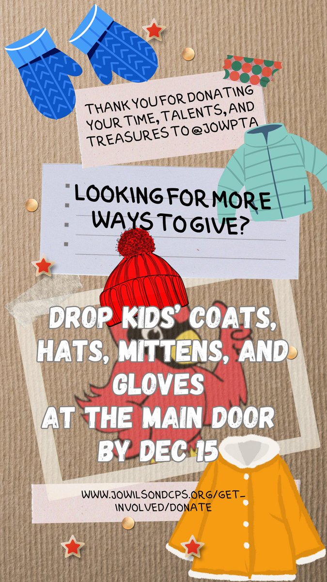 J.O. Wilson PTA (@jowpta) on Twitter photo Thank you to all who have given to the <a href="/JOWPTA/">J.O. Wilson PTA</a> Giving Drive! Help our <a href="/JOWilsonDC/">J.O. Wilson ES</a> Cardinals stay warm as it gets cold by donating winter apparel items by Dec. 15! Thank you to all who have given to the <a href="/JOWPTA/">J.O. Wilson PTA</a> Giving Drive! Help our <a href="/JOWilsonDC/">J.O. Wilson ES</a> Cardinals stay warm as it gets cold by donating winter apparel items by Dec. 15!