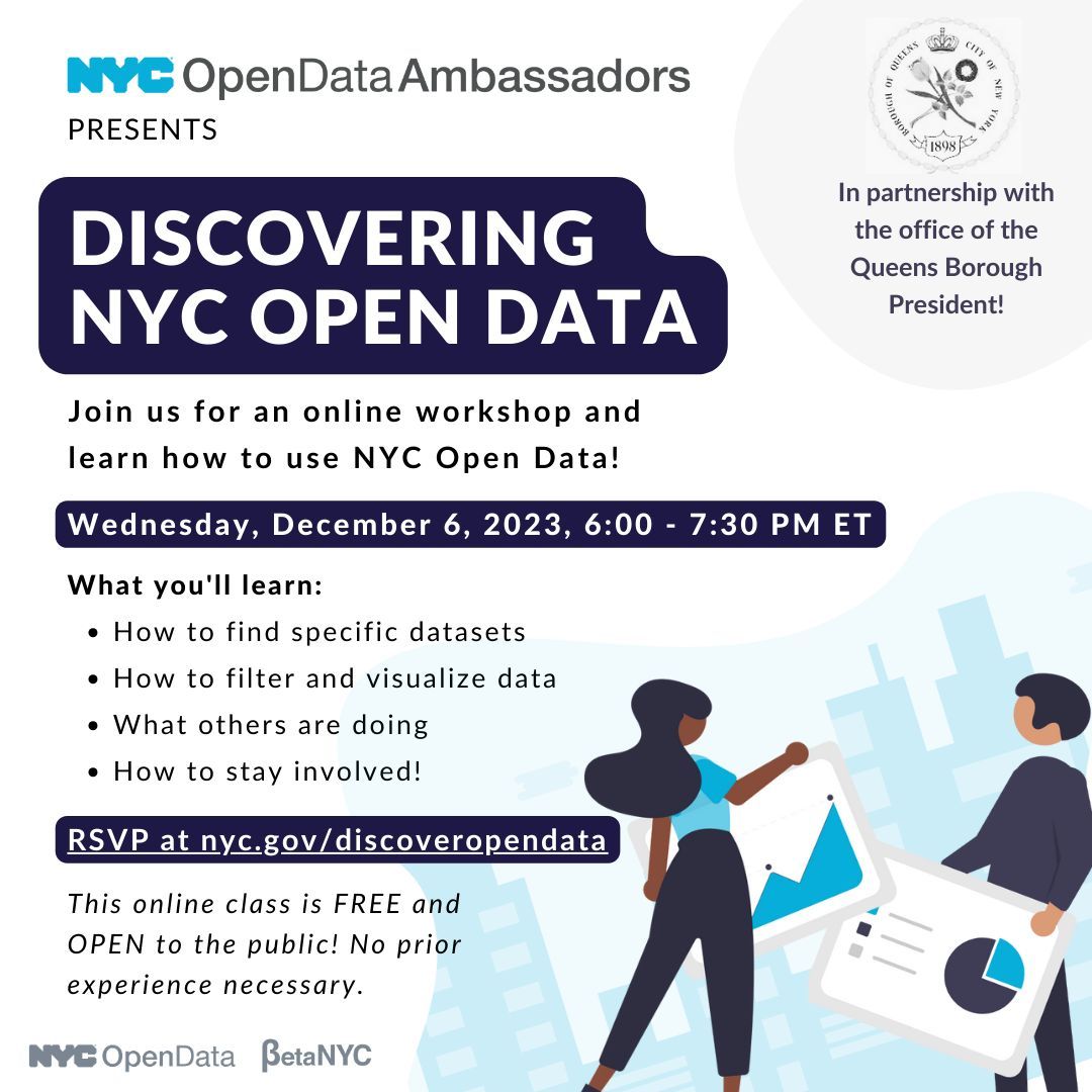 Join @QnsBPRichards, @NYCOfficeofTech, NYC Open Data Ambassadors, and us tomorrow for the last intro to Open Data class of the year! You'll learn about NYC Open Data's history, how to find specific datasets, and much more. When: Weds Dec 6, at 6pm RSVP: nyc.gov/discoveropenda…