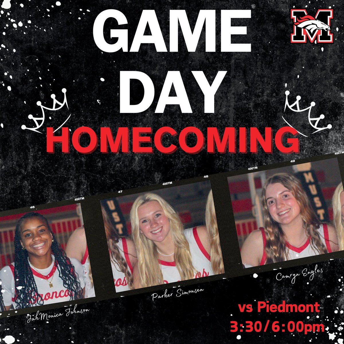 MustangWBB's tweet photo. GAME DAY❗️❗️
🆚 Piedmont 
📍 Mustang EC 
⌚️ 3:30/6:30pm
🥳 Homecoming 
👑 JahMonica Johnson, Parker Simonsen, &amp; Camryn Engles 

@MHSBroncoSports @MHS_Broncos @MHSBroncosVoice @MustangReview https://t.co/jYsrR9NILB