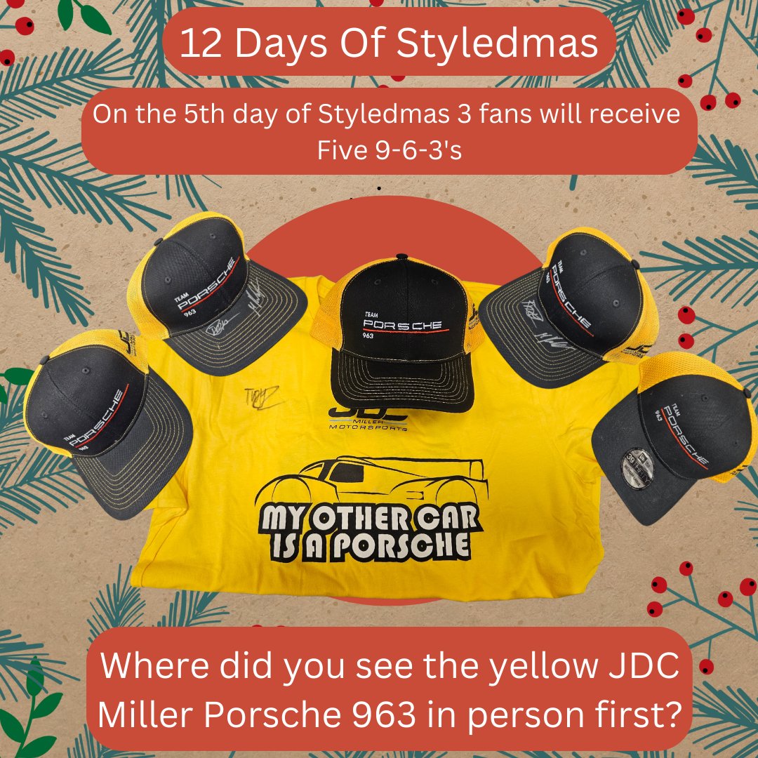 On the 5th day of Styledmas, 3 fans will receive five 9-6-3's and a JDC autographed package! Answer the question below for a chance to win. 3 winners will be chosen! JDC Autographed Tees and Hats by: Tijmen van der Helm Mike Rockenfeller #styledmas #printedbystyled