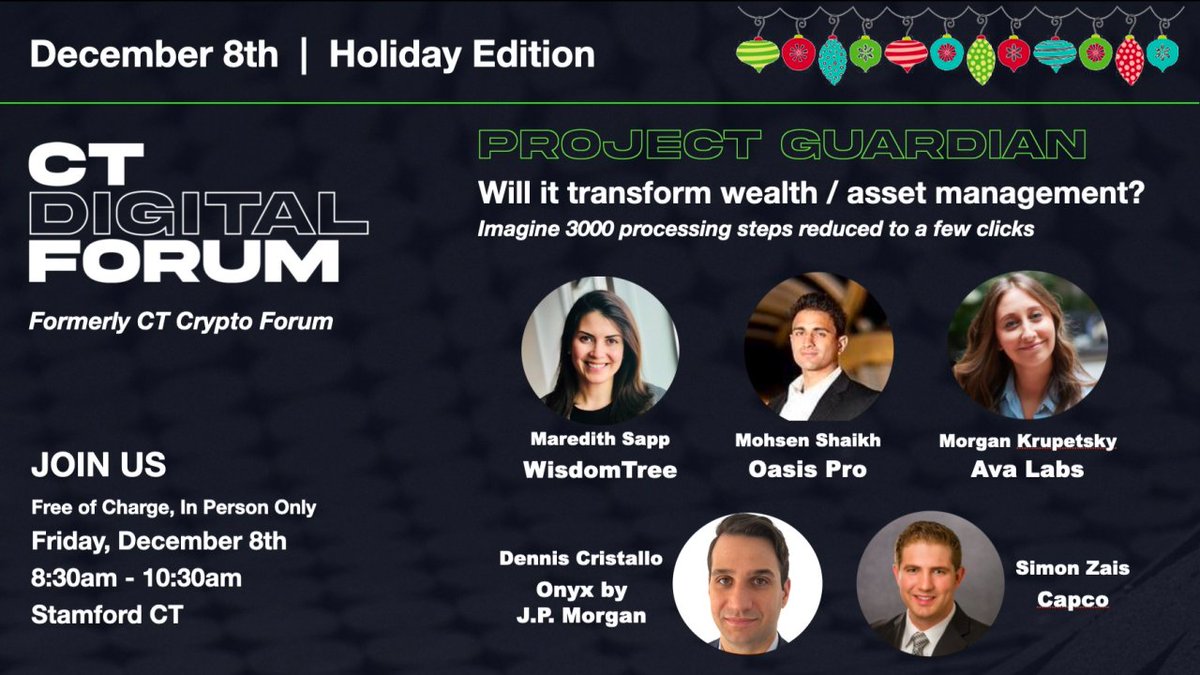 .@maredithHS is speaking at the CT Digital Forum about Tokenization and Project Guardian!
 
 📆Friday, December 8th
🕗 8:30AM to 10:30AM
📍 Stamford, CT

Register here, for FREE! linkedin.com/events/dec8hol…