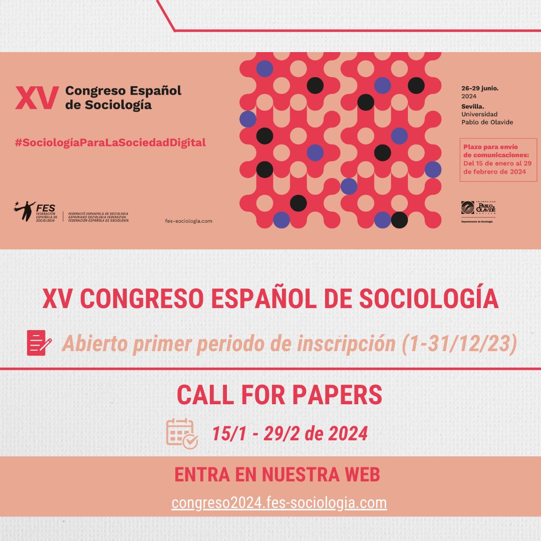 ¡Ya puedes realizar tu  inscripción al #CongresoFES2024! 📆  Primer periodo: 1 al 31 de diciembre. Las inscripciones se realizarán a través de la plataforma del congreso, Conftool. Más información: congreso2024.fes-sociologia.com/inscribirse-al…