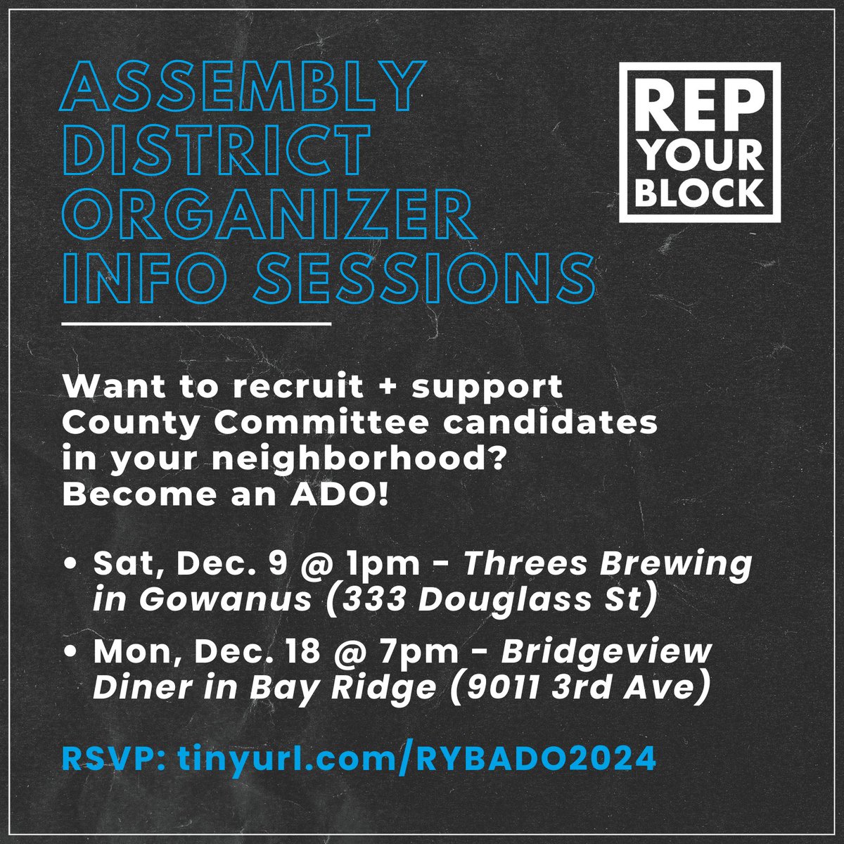 Assembly District Organizers are volunteers with a vital role: they recruit + support County Committee candidates. Our efforts to create a better Democratic Party can't succeed without ADOs!

If you want to become an ADO, sign up for an info session at tinyurl.com/RYBADO2024!