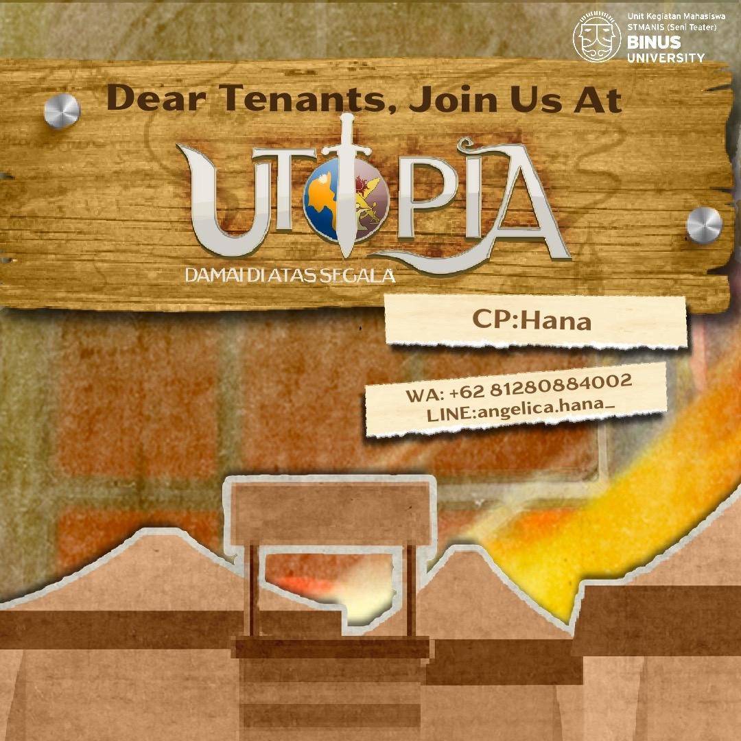 📢 𝗖𝗔𝗟𝗟𝗜𝗡𝗚 𝗢𝗨𝗧 𝗙𝗢𝗥 𝗧𝗘𝗡𝗔𝗡𝗧𝗦 📢

To make our Pementasan Besar "UTOPIA: Damai di Atas Segala" success, we are opening the opportunity for tenants to enliven our event. 

The event will be held on:
📍 Gedung Kesenian Jakarta
🗓️ Minggu, 14 Januari 2024