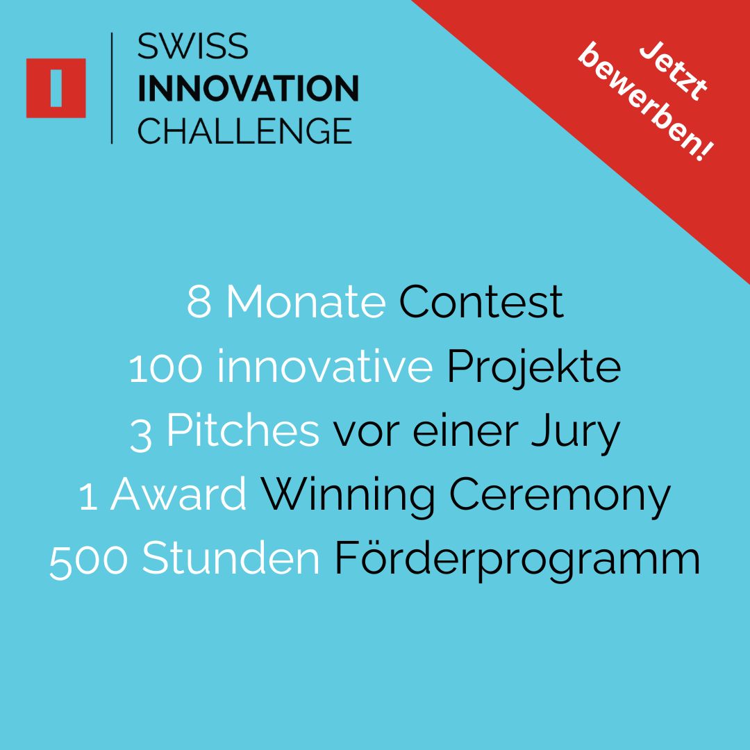 Bewirb dich jetzt für die Swiss Innovation Challenge 2024 👇

swissinnovationchallenge.ch/bewerbung-4166…

Die Swiss Innovation Challenge ist ein Innovationsförderprogramm mit Wettbewerb, bei dem aus über 100 Innovationsprojekten im Rahmen dreier Pitches 20 Finalisten und ein Sieger erkoren werden.