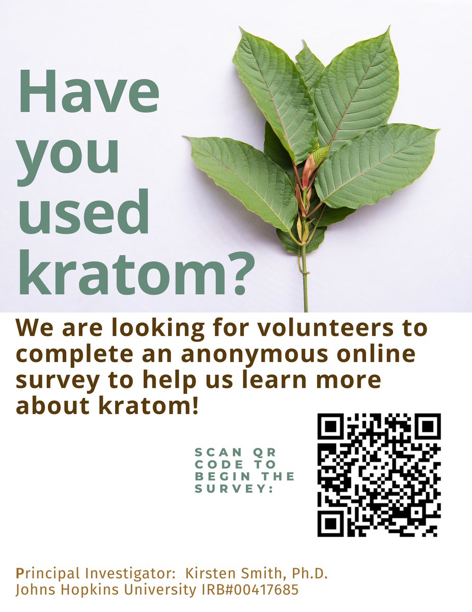 Our <a href="/MORJHU/">Maryland Opioid Research (MOR)</a> group <a href="/HopkinsMedicine/">Johns Hopkins Medicine</a> are looking for adults with experiences using #kratom to complete an anonymous online survey.
See our study flyer &amp; below link for details!
tinyurl.com/jhusupplements…