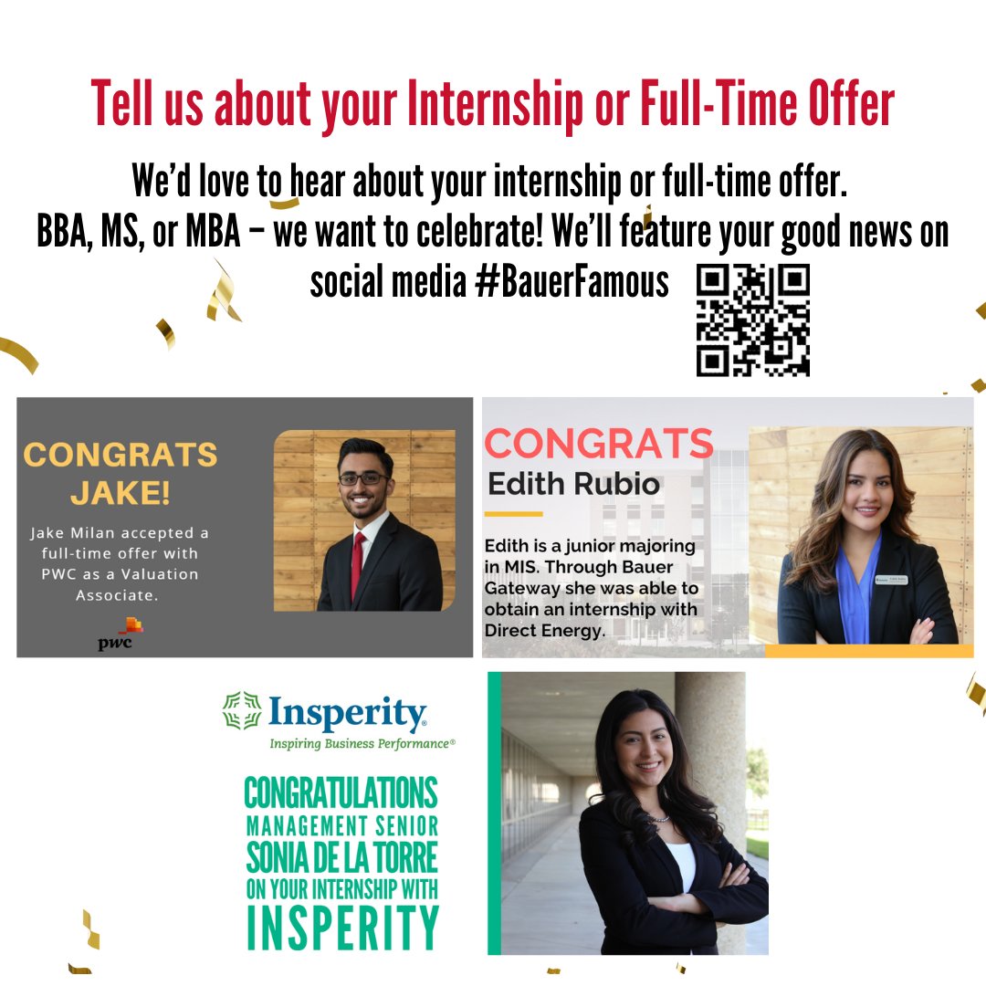 Are you a Bauer student: BBA, MS, or MBA that just landed a new job or internship? 👩‍🎓👨‍🎓 We want to celebrate your success &amp; showcase your hard work to the Bauer community!

Share your story with us by visiting tinyurl.com/3rswj5bu
#BauerSuccessStories #BauerFamous