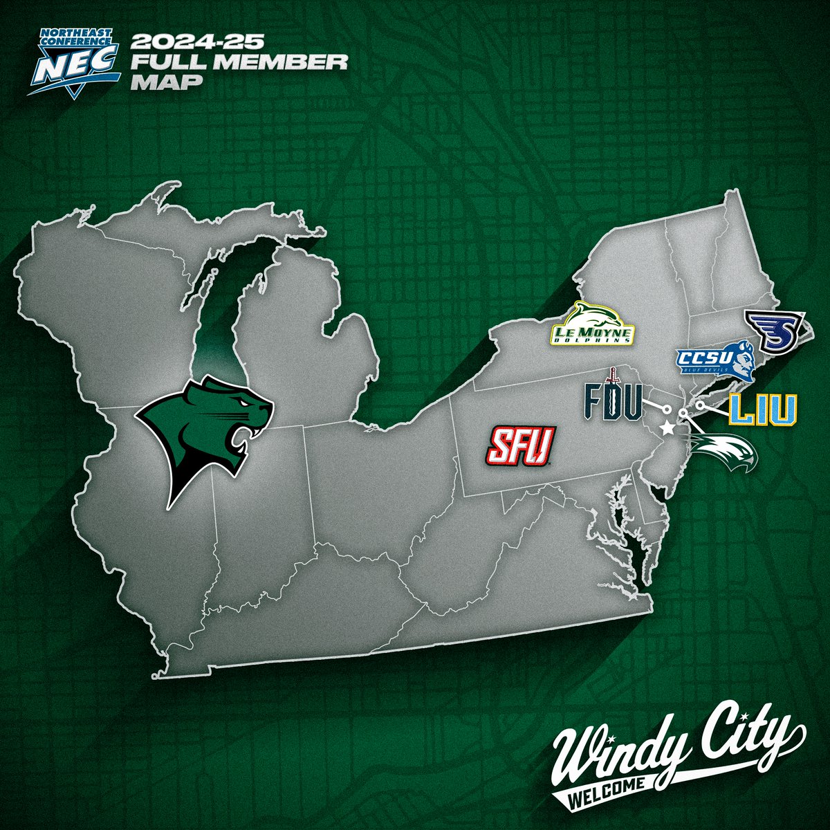 📍 𝐂𝐡𝐢𝐜𝐚𝐠𝐨, 𝐈𝐥𝐥𝐢𝐧𝐨𝐢𝐬

The Northeast Conference's geographic footprint is expanding to the 𝐖𝐢𝐧𝐝𝐲 𝐂𝐢𝐭𝐲💨 with the addition of <a href="/ChiStateCougars/">Chicago State Athletics</a>. 

👀 Here's an updated look at the reach of the NEC come July 1, 2024 ‼️