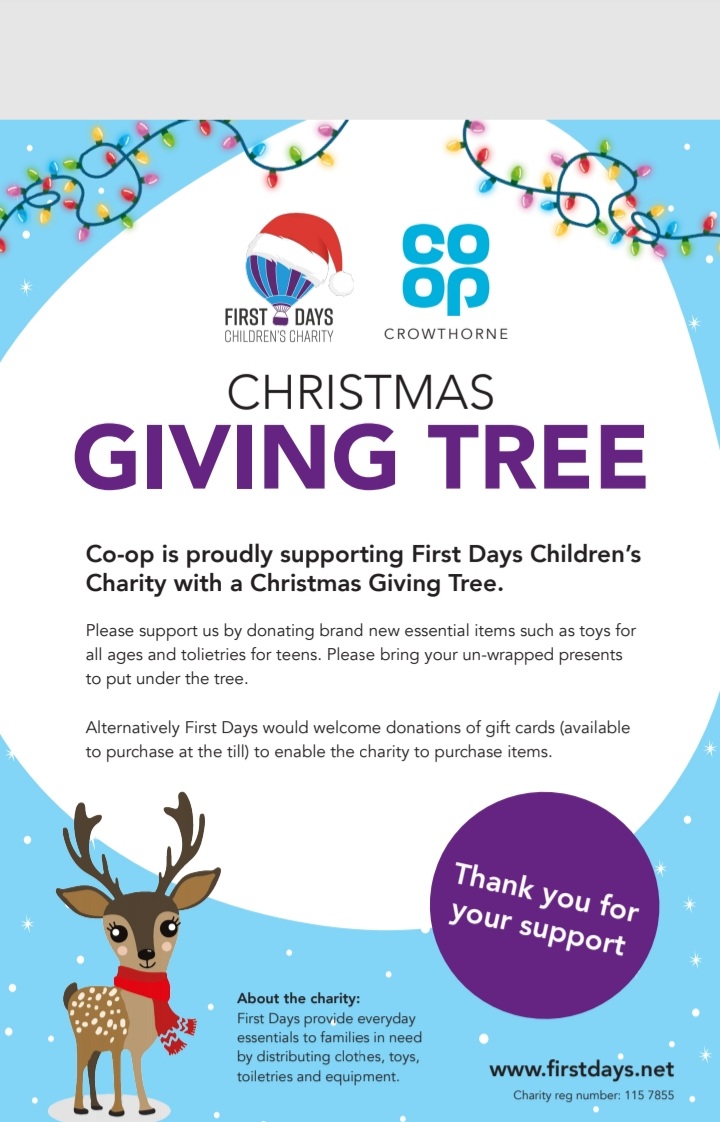 CrowthorneCMP's tweet photo. Crowthorne Coop is pleased to be supporting @Firstdays_ children's charity. Pop into store with unwrapped gifts which will be given to local children in need this Christmas please take a tag from the tree and hand your gifts into the kiosk. Thank you https://t.co/OmNSx1QUTd