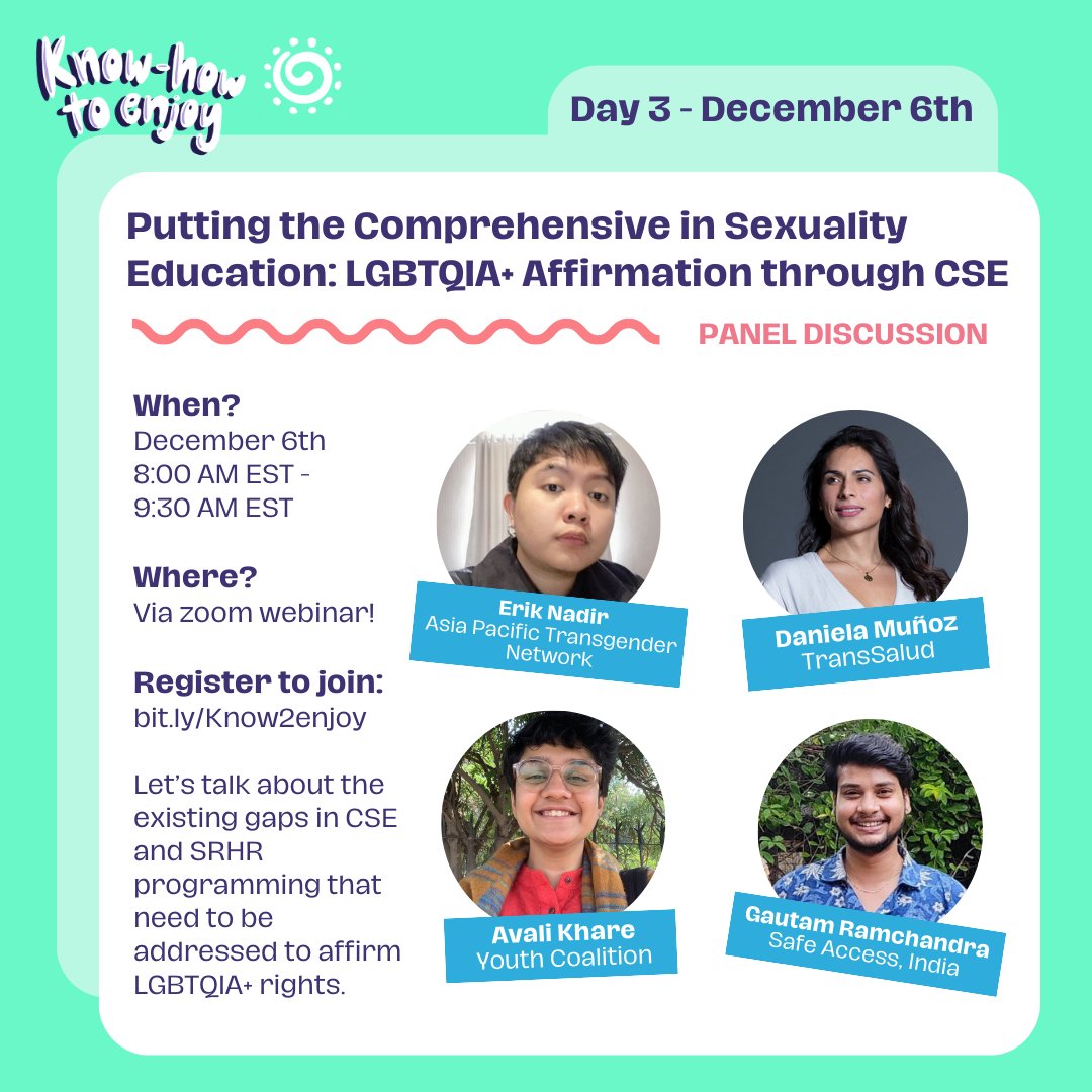 We'll start out the day with a panel discussion about LGBTQIA+ affirmation through CSE, with advocates, educators, and healthcare providers. We'll focus specifically on the needs of trans youth in sex ed.

⏰ 8:00 AM EST - 9:30 AM EST  
🔗 bit.ly/Know2enjoy