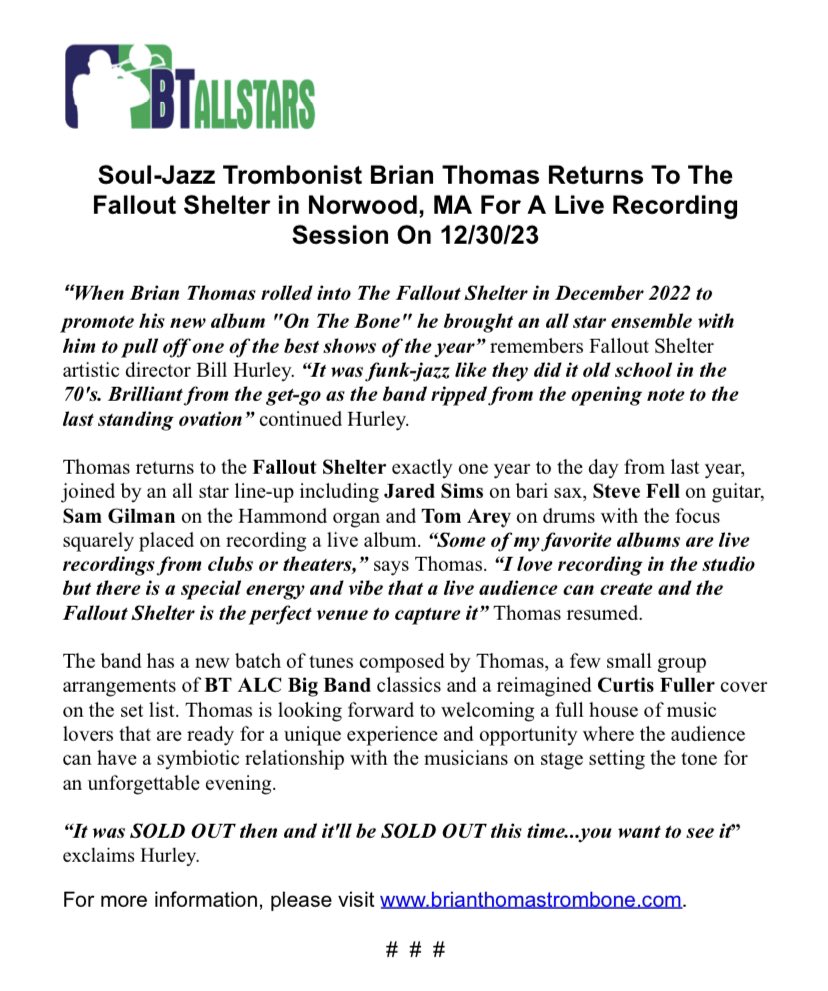 Press release for the 12/30 show at The Fallout Shelter in Norwood, MA!!

ALL AGES SHOW! 
TICKETS ⬇️
grcpac.yapsody.com/event/index/78…

#btallstars #liverecording #recordingsession #boston #bostonmusicscene #bostonjazz #newenglandmusic #newenglandjazz #trombone #trombonist <a href="/jaredsims/">Jared Sims</a>